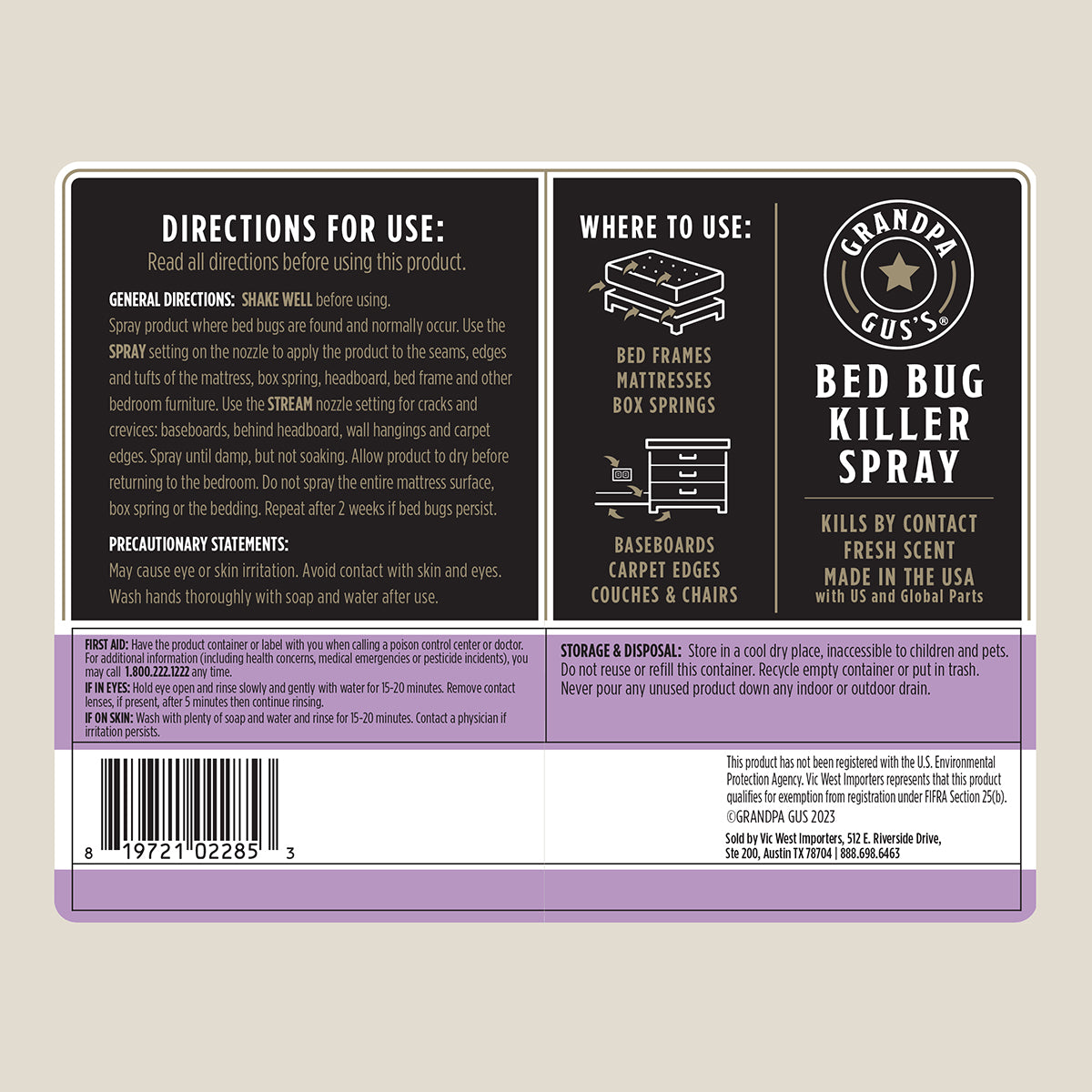 Label for Grandpa Gus's Bed Bug Killer Spray on a beige background