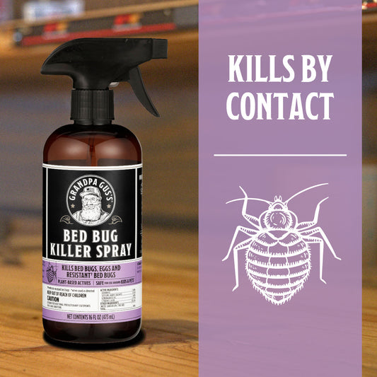 Grandpa Gus' bed bug killer spray bottle on a white background