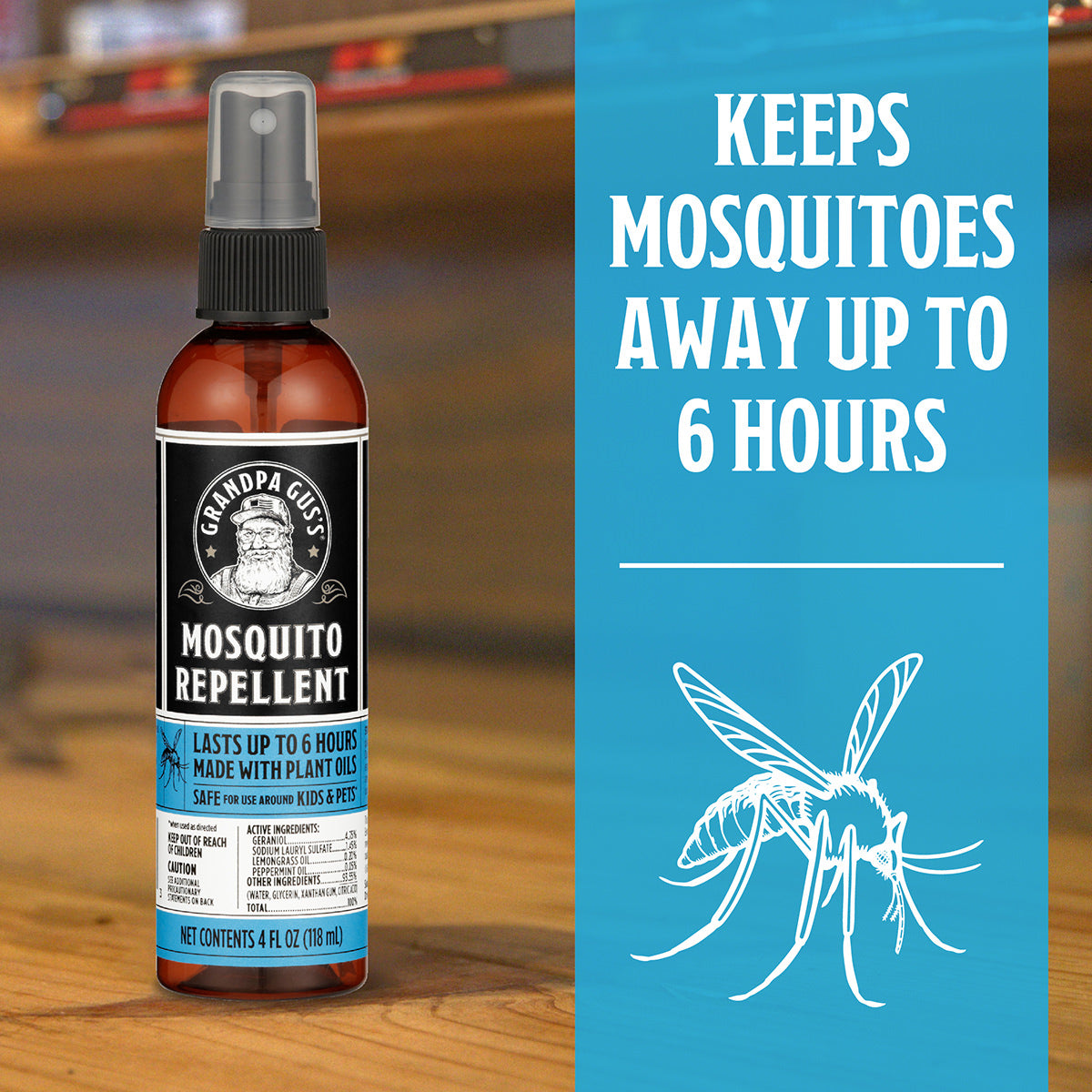 Mosquito repellent spray bottle with label and text on a wooden surface