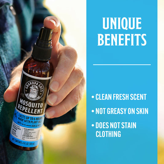 Two bottles of Grandpa Gus' Mosquito Repellent on a white background