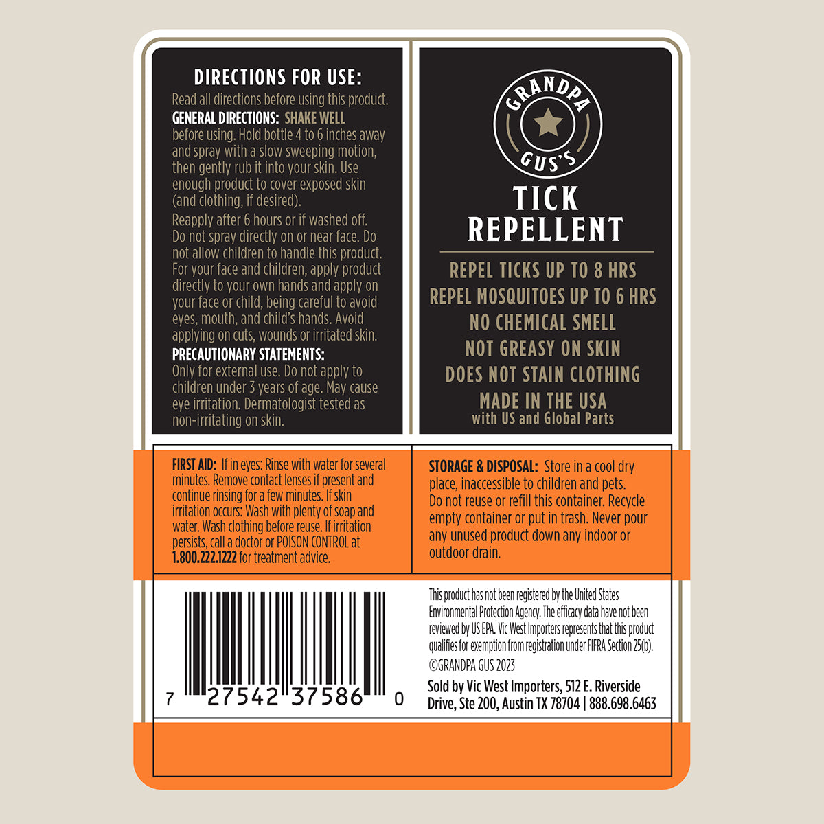 Grandpa Gus's Tick Repellent label with directions, ingredients, and contact information on a beige background.