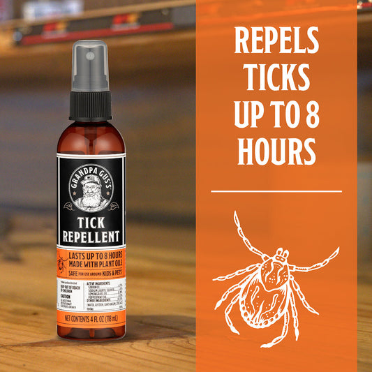 Two bottles of Grandpa Gus' Tick Repellent on a white background