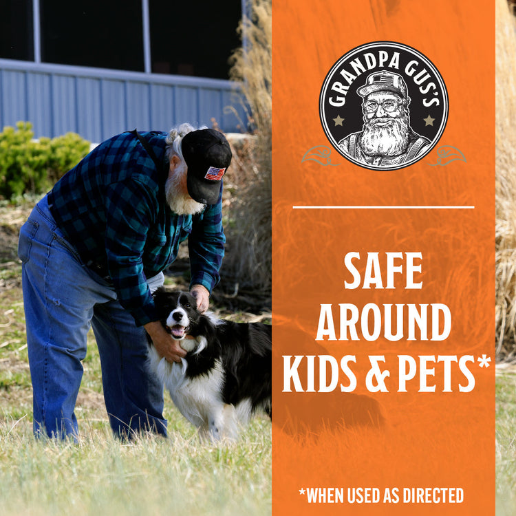 Person petting a dog with 'Grandpa Gu's' product on an orange background