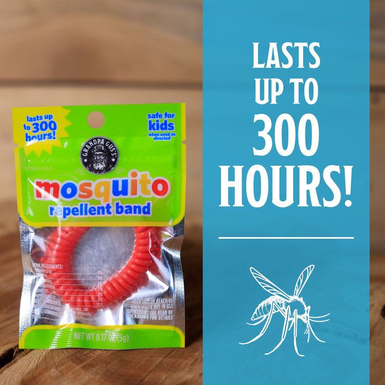 Mosquito repellent band packaging with text 'Lasts up to 300 hours' on a wooden surface.