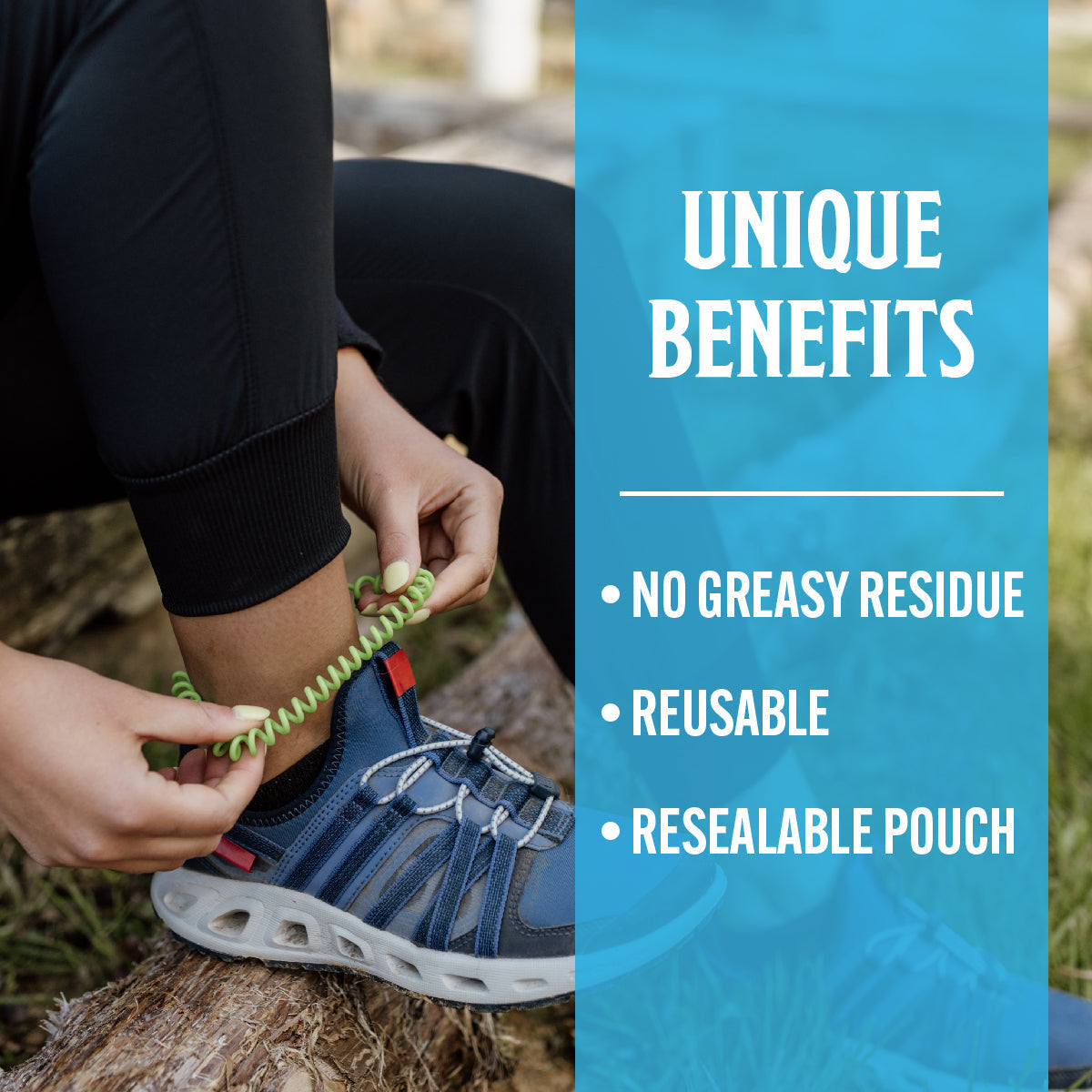 Person tying a shoe with a green lanyard, next to text listing unique benefits on a blue background.