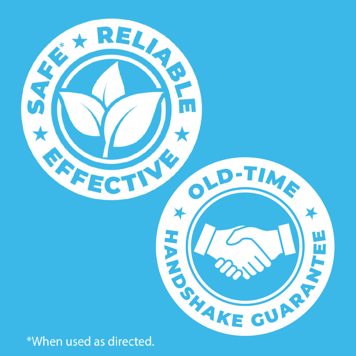 Two circular logos on a blue background with text and icons.