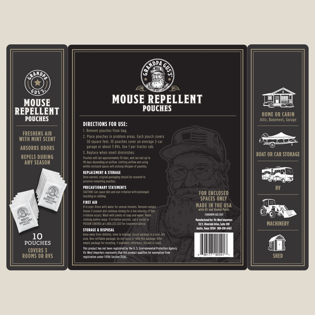 Mouse repellent pouches packaging with a label and illustrations on a beige background