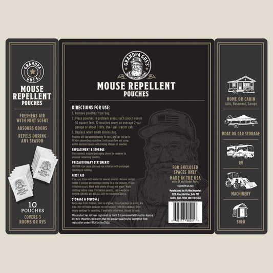 Mouse repellent pouches with packaging labeled 'Grandpa Gus's Mouse Repellent Pouches' on a white background.
