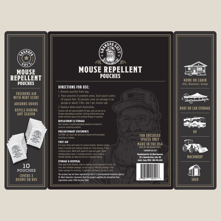 Mouse repellent pouches packaging with a label and illustrations on a beige background