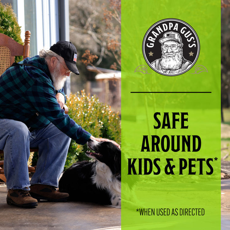 Man petting a dog with 'Grandpa Gu's' branding and text about safety around kids and pets.