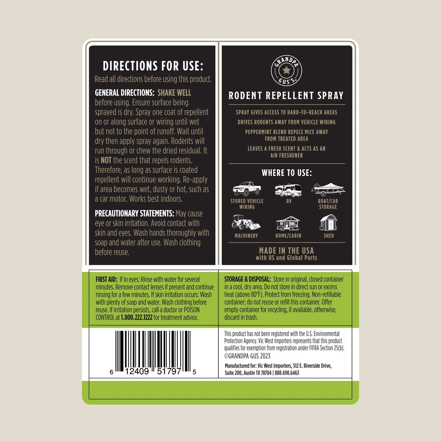 Back label of a rodent repellent spray with text and graphics on a beige background