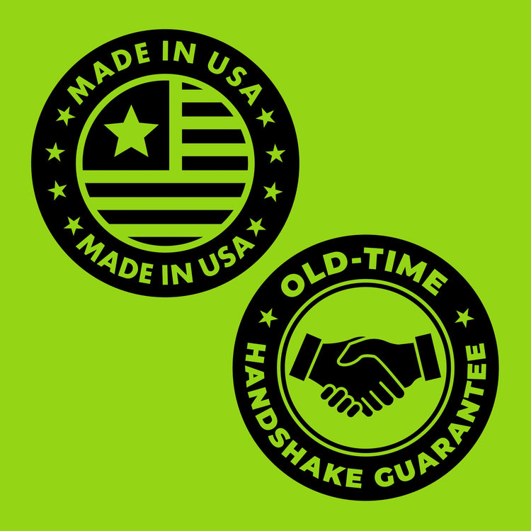 Two circular logos on a green background with 'Made in USA' and 'Old-Time Handshake Guarantee' text.