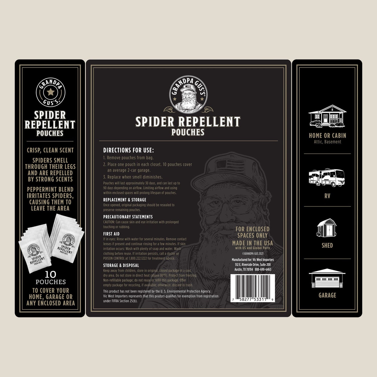 Label for Grandpa Cutts Spider Repellent Pouches on a beige background