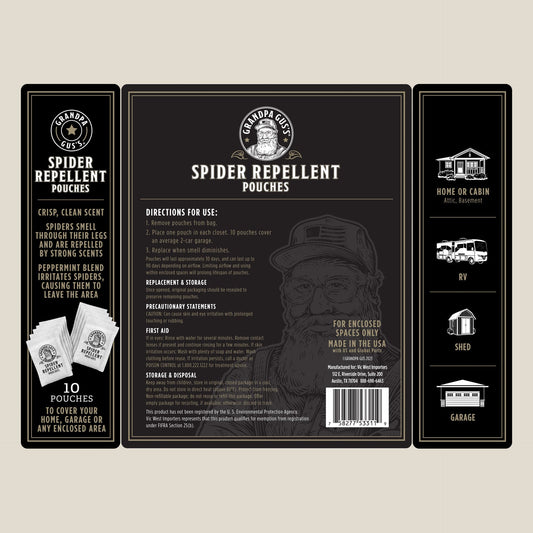 Grandpa Gus's Spider Repellent Pouches packaging on a white background