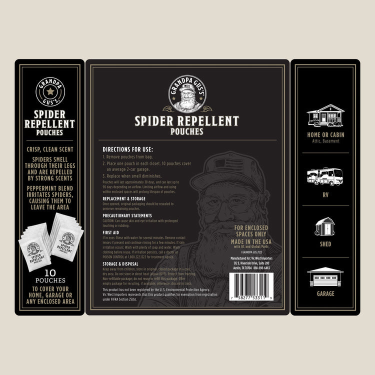 Label for Grandpa Cutts Spider Repellent Pouches on a beige background