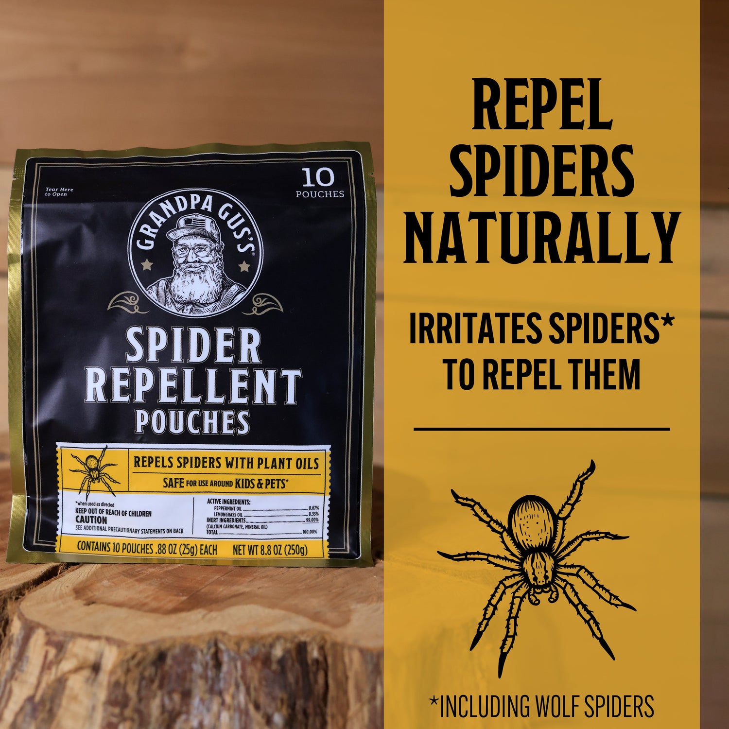 Spider repellent pouches with packaging and text on a wooden background