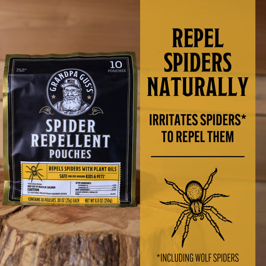 Grandpa Gus's Spider Repellent Pouches packaging on a white background