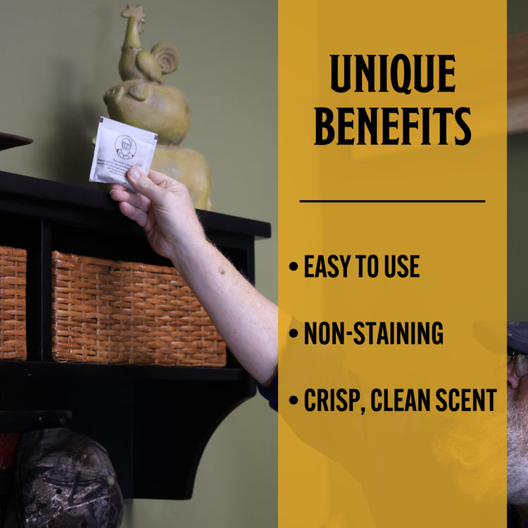Person holding a product packaging with text on unique benefits on a yellow background