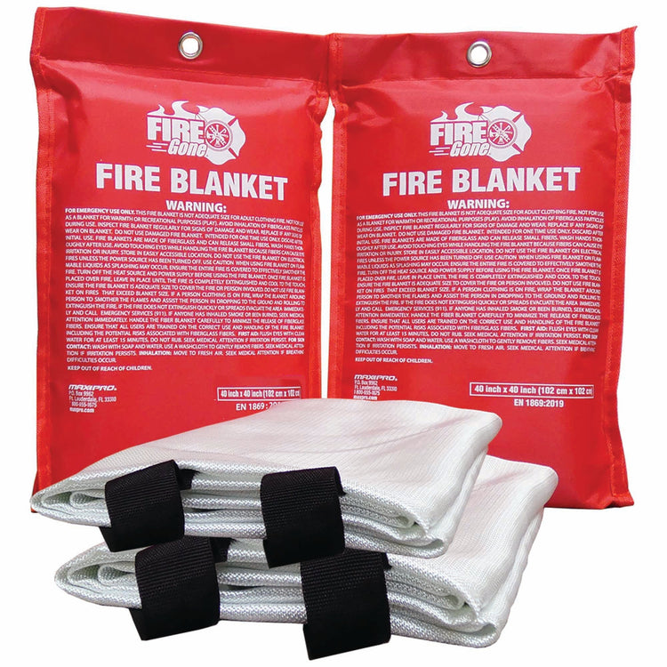 Two red fire blanket packages with a white fire blanket inside on a white background
