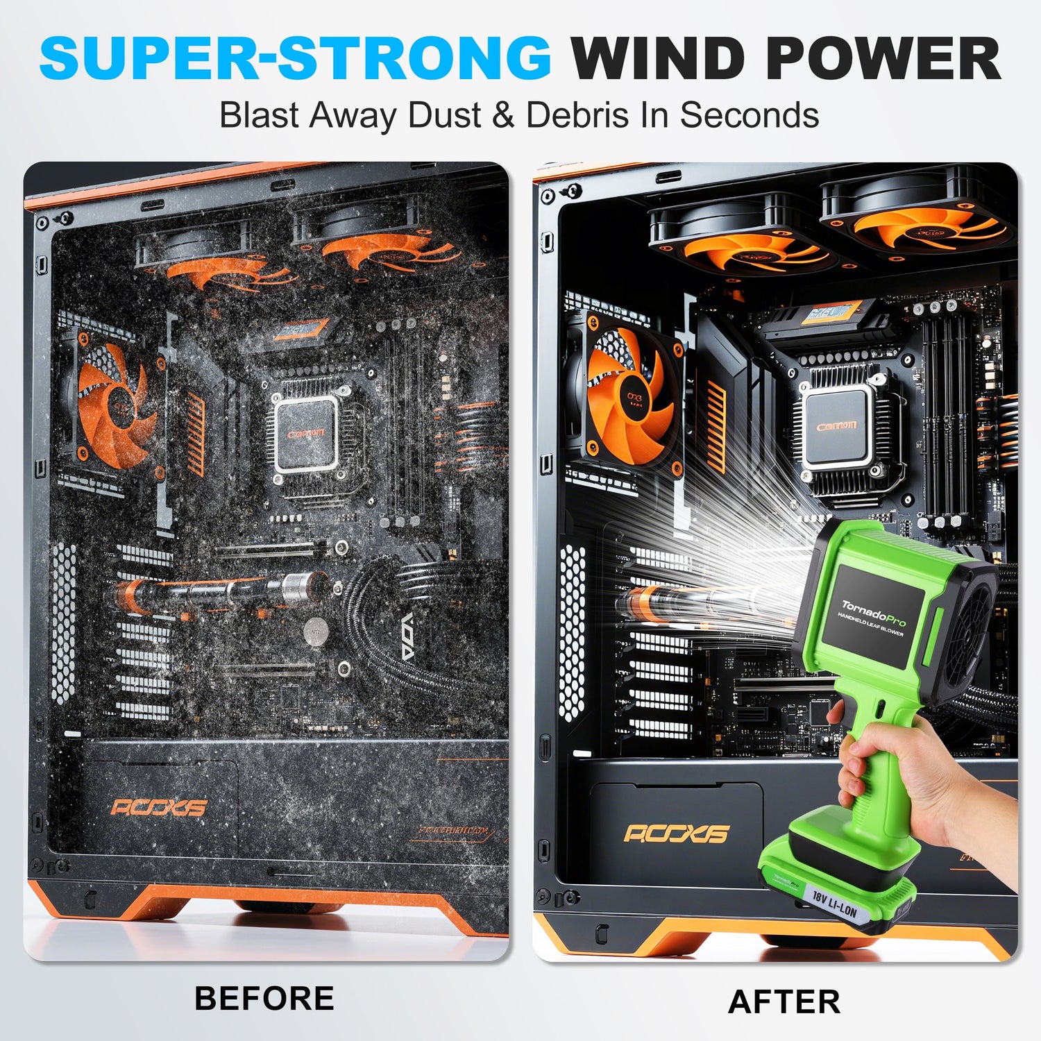 Computer motherboard cleaning process with a green cleaning tool, 'Before' and 'After' comparison.