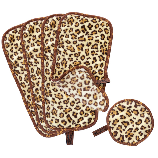 Leopard print pot holders and trivets on a white background