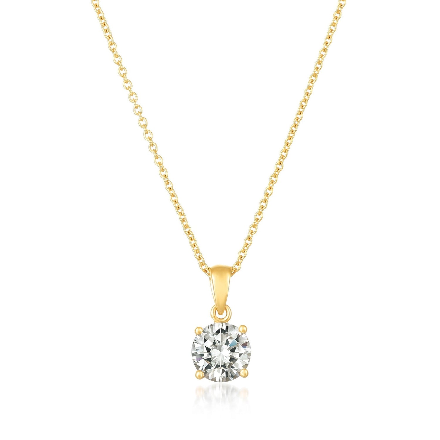 Gold necklace with a diamond pendant on a white background