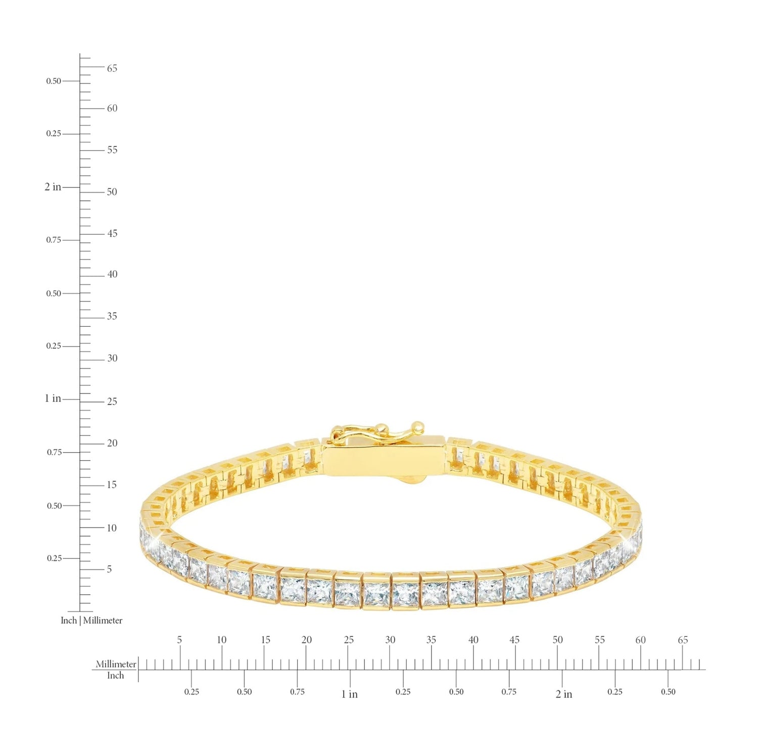 Gold bracelet with diamonds on a white background with measurement scale