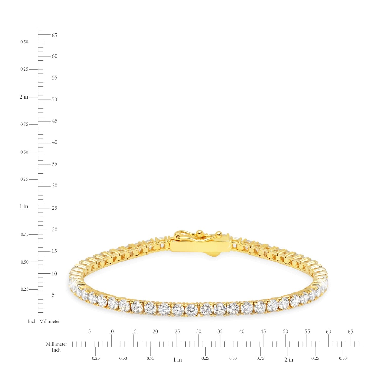 Gold bracelet with diamonds on a white background with measurement scale