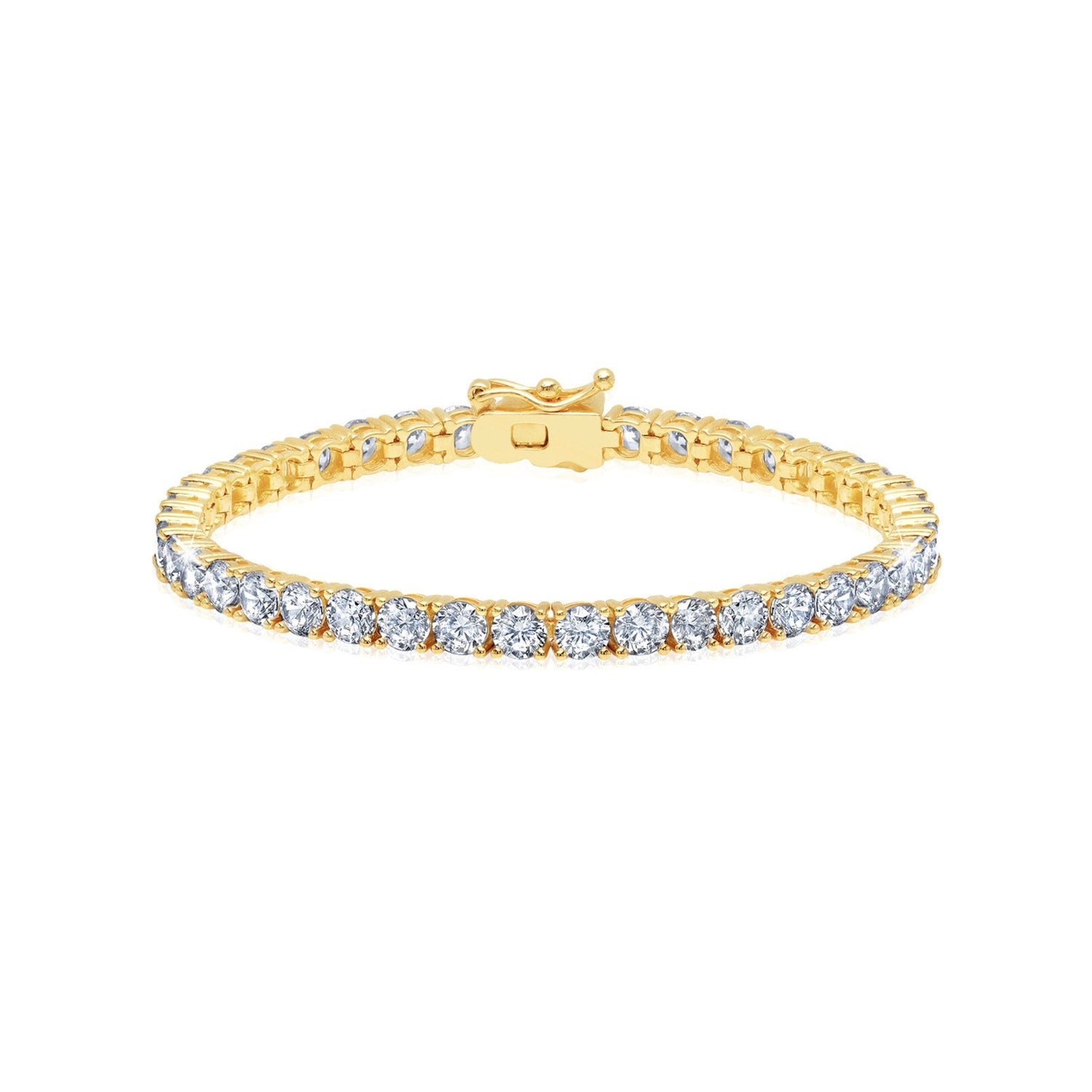Gold bracelet with clear gemstones on a white background