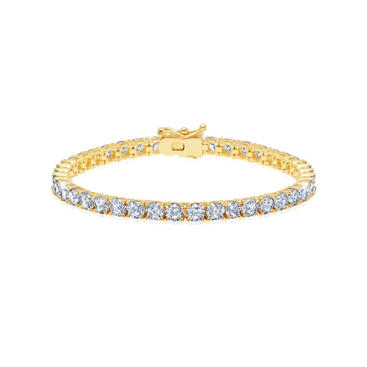 Gold bracelet with clear gemstones on a white background