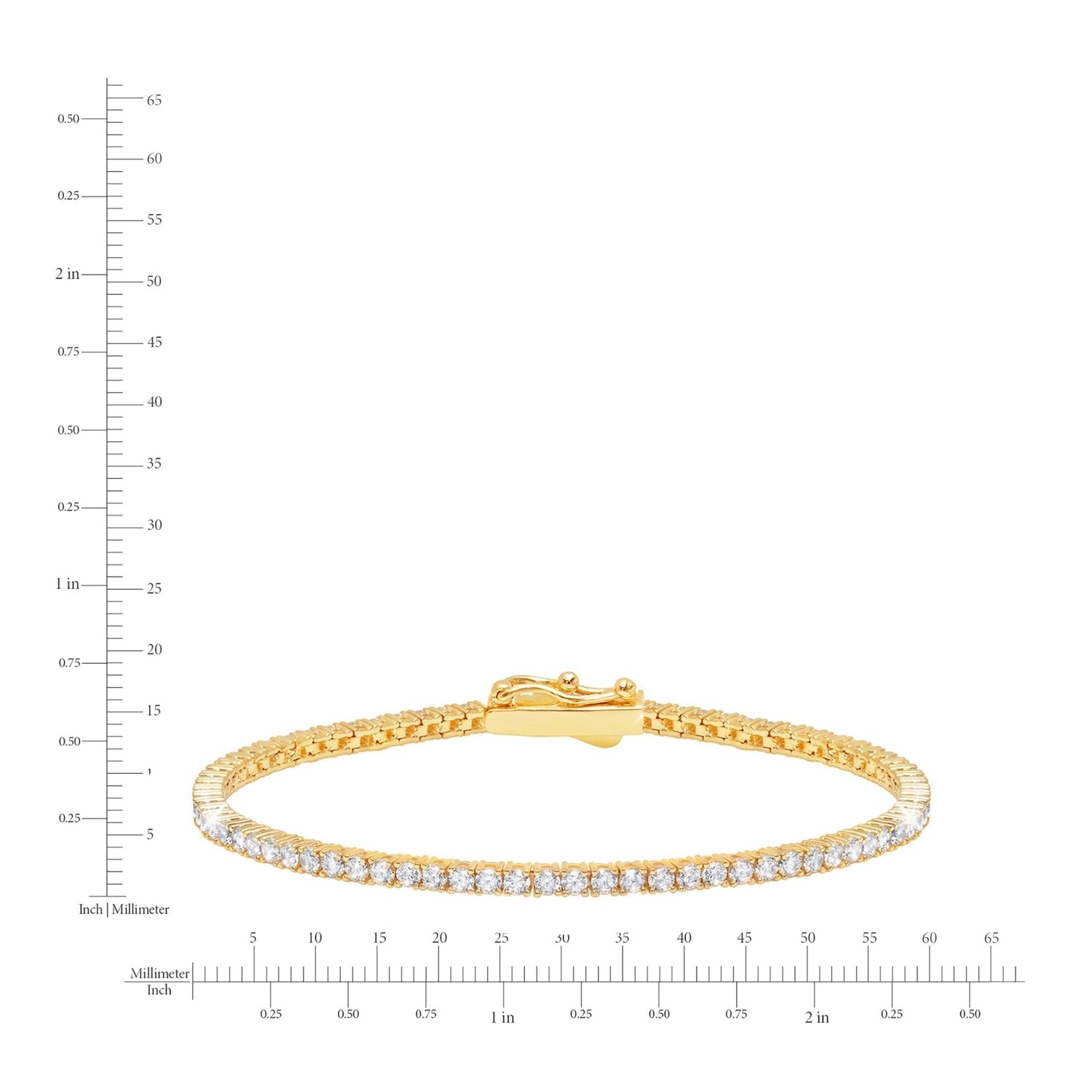 Gold bracelet with diamonds on a white background with measurement scale