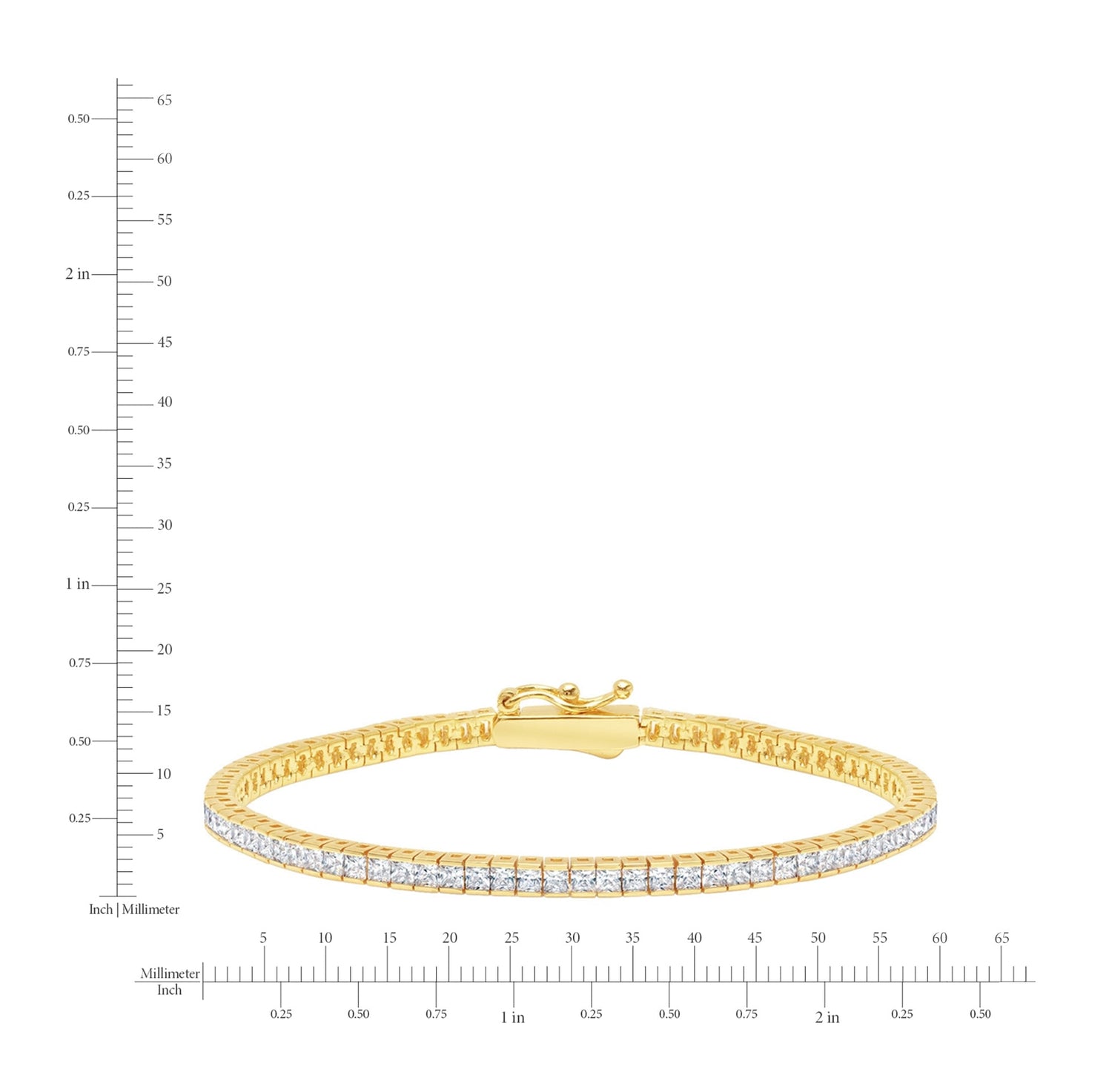 Gold bracelet with diamonds on a white background with measurement scale