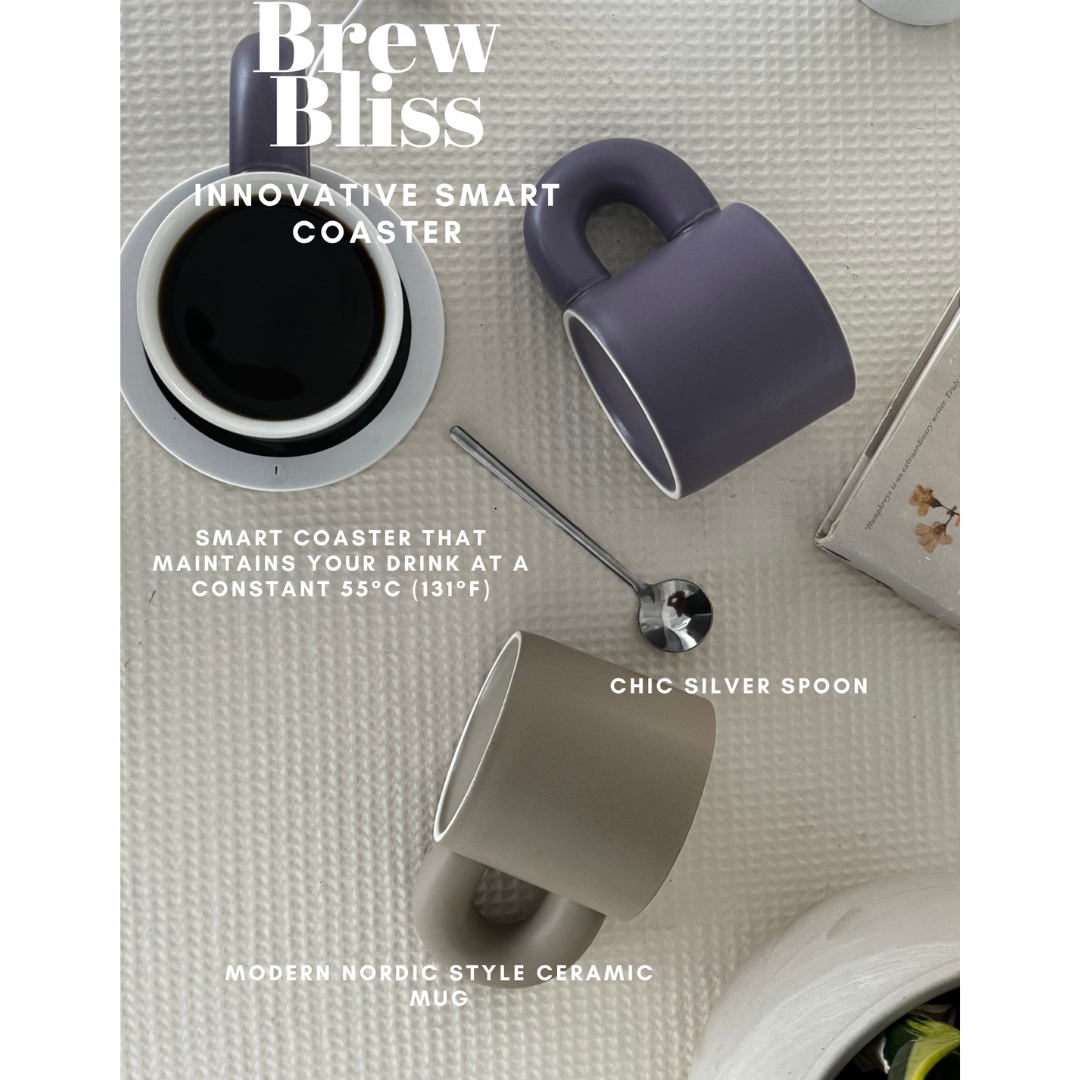 Promotional image of Brew Bliss smart coaster with mugs and a spoon on a textured surface.
