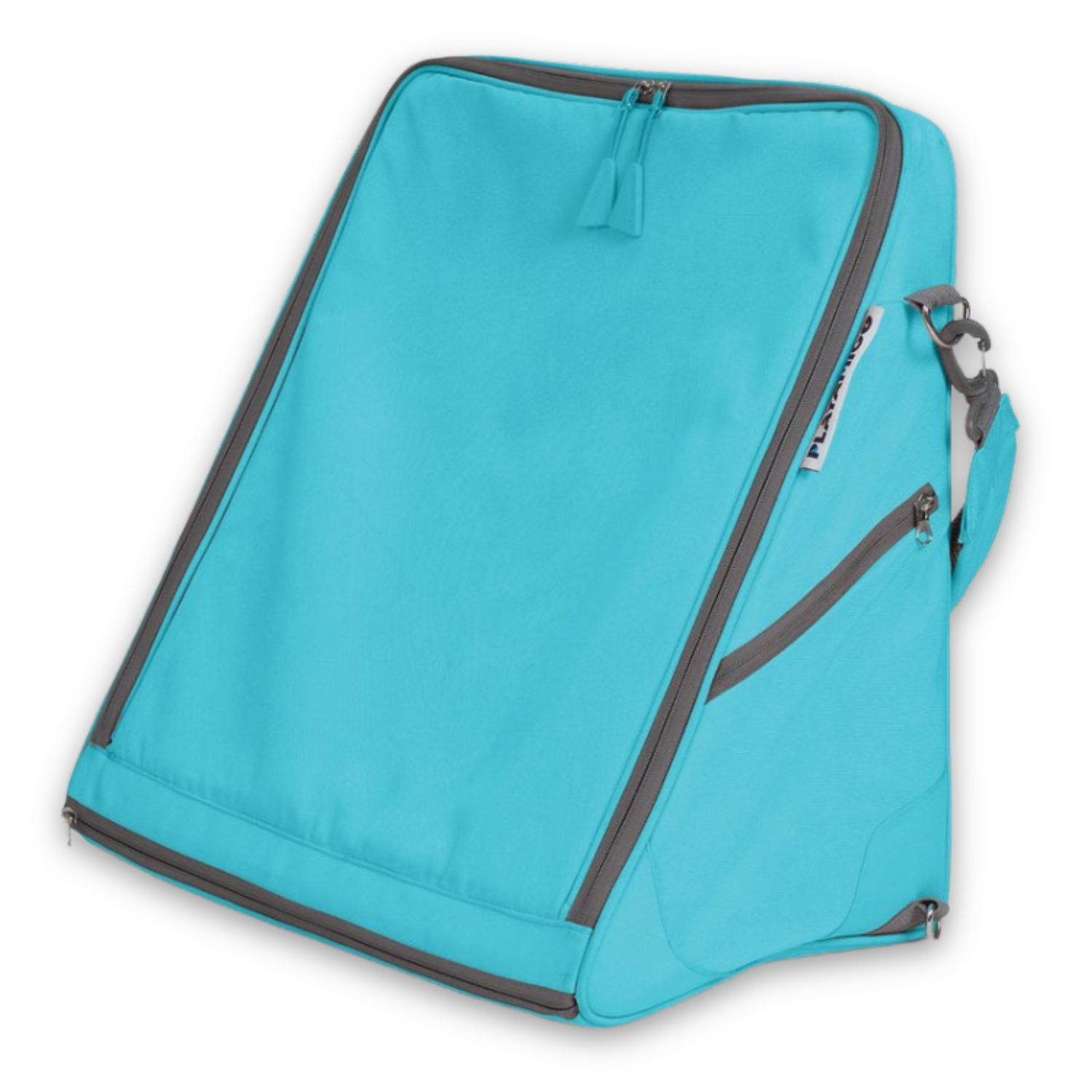 Turquoise boot bag with black zippers on a white background