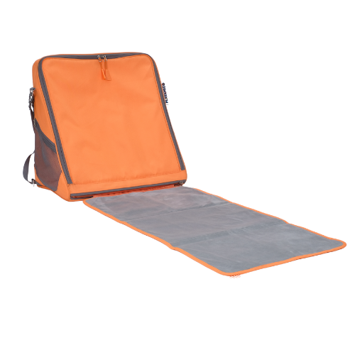 Orange and gray backpack with a mat on a white background