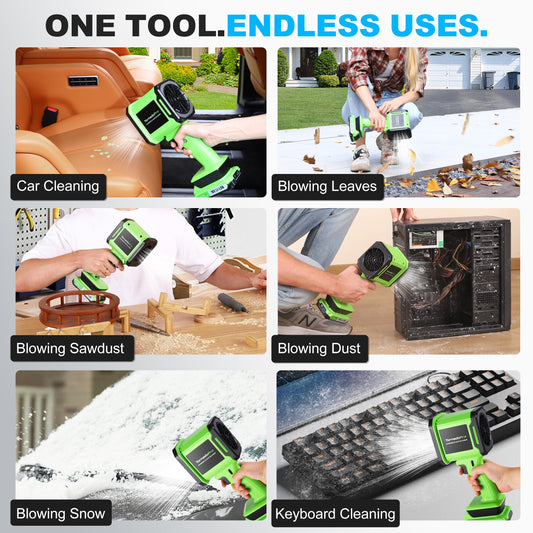 Green handheld leaf blower with battery pack on a blue background