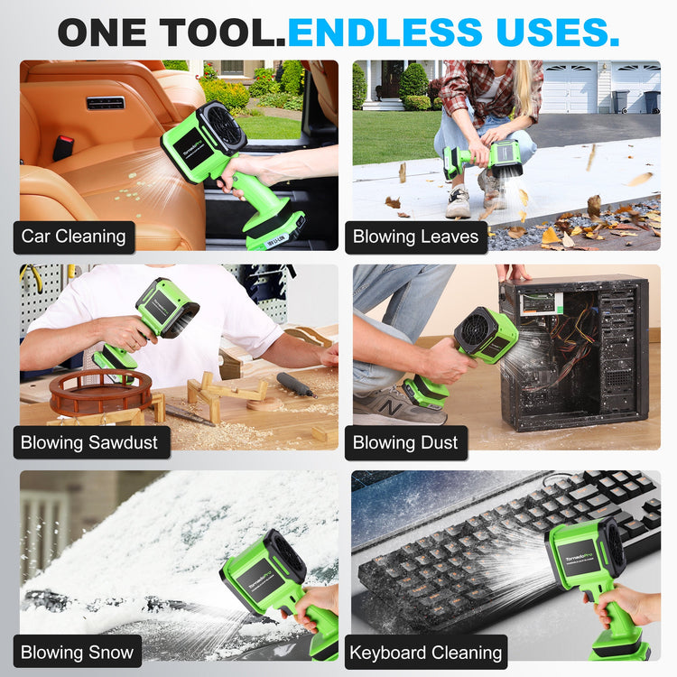 Multifunctional tool used for various tasks including car cleaning, blowing leaves, and cleaning a keyboard.