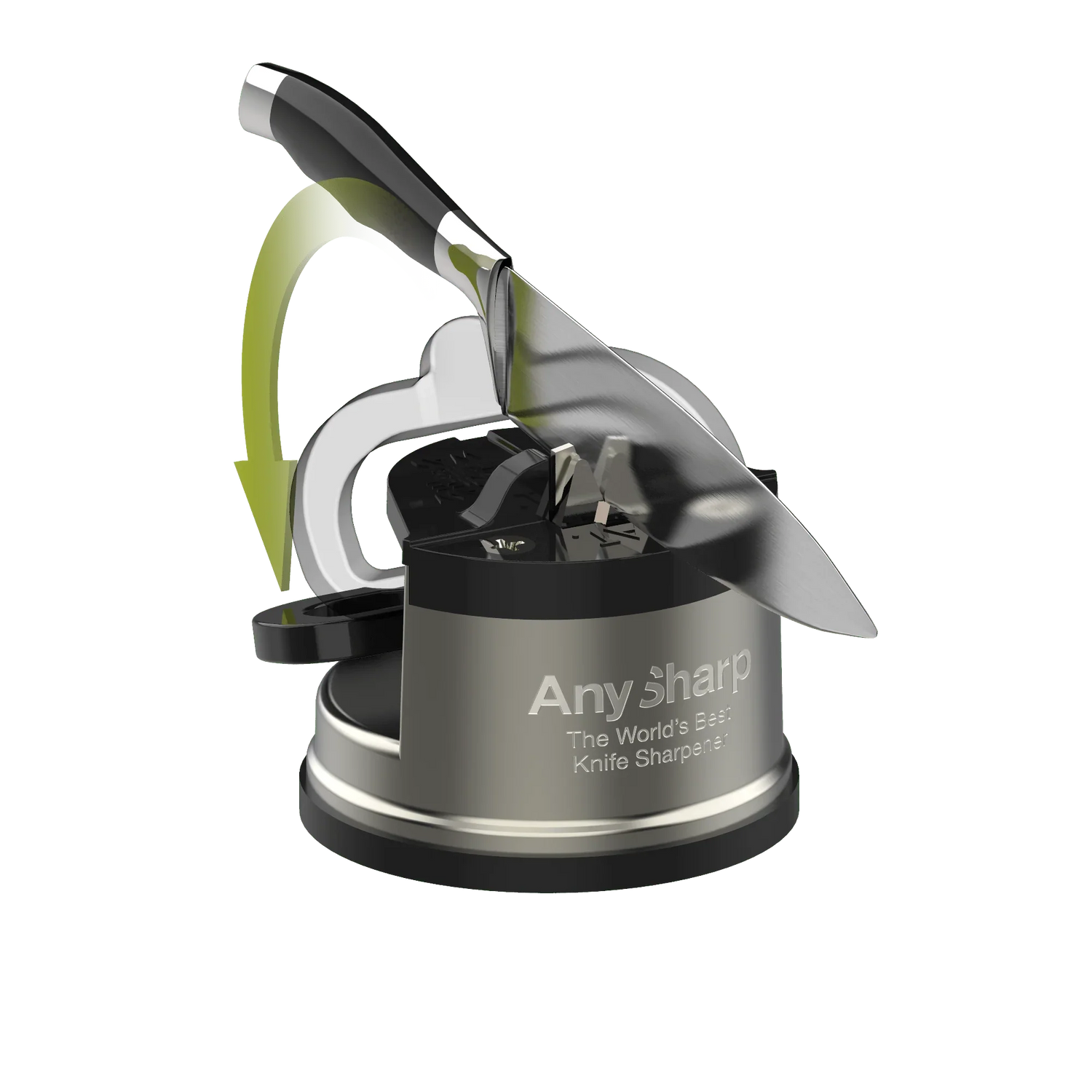 AnySharp knife sharpener with a knife on a white background