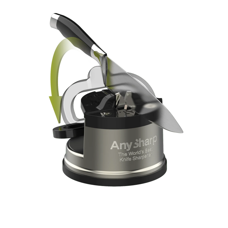 AnySharp knife sharpener with a knife on a white background