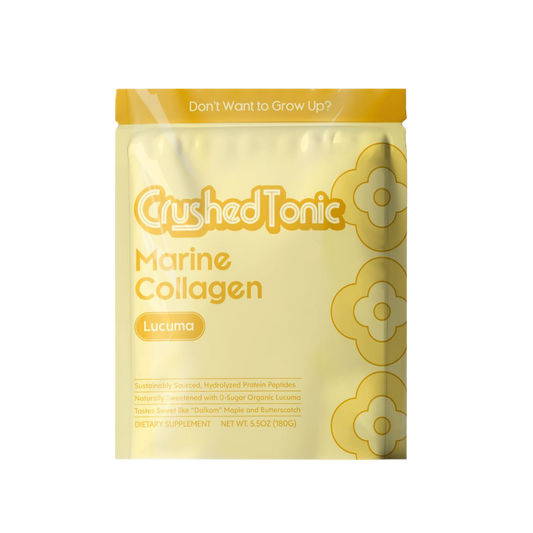 Yellow package of Crushed Tonic Marine Collagen on a white background