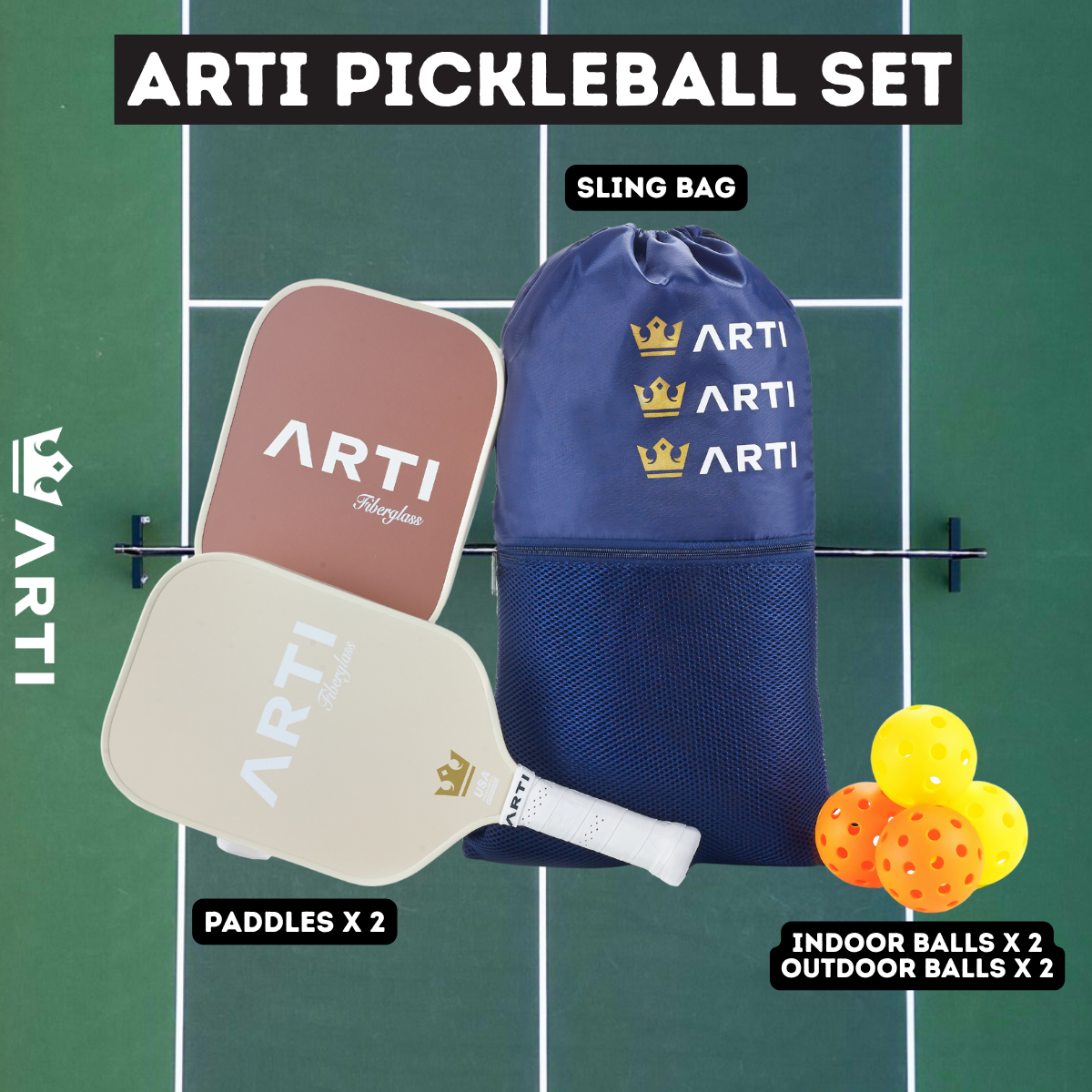ARTI pickleball set with two paddles, a blue sling bag, and four balls on a green court background.