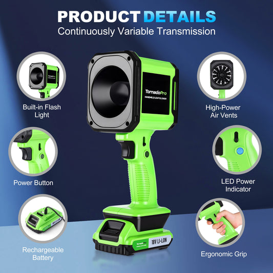 Green handheld leaf blower with battery pack on a blue background