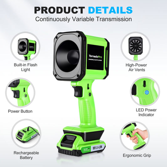 Green handheld leaf blower with battery pack on a blue background