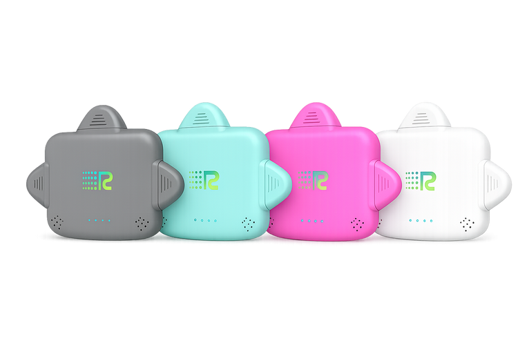Four small electronic trackers in different colors (gray, mint green, pink, and white) lined up in a row against a plain white background.