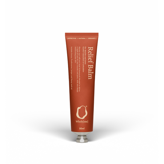 Brown tube of 'Relief Balm' by Wholistic on a white background