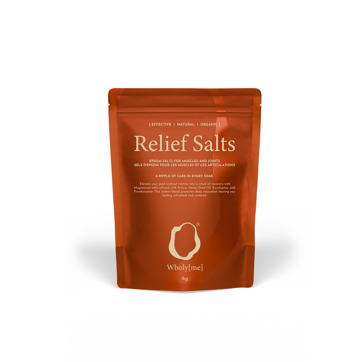 Brown package of 'Relief Salts' by Wholy Me on a white background