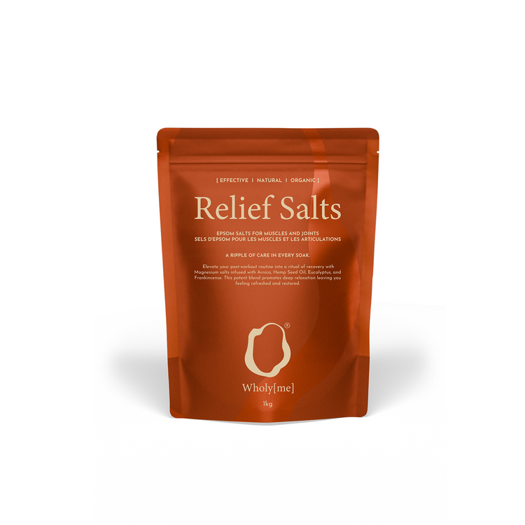 Brown package of 'Relief Salts' by Wholy Me on a white background