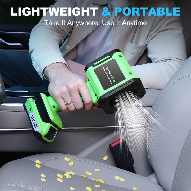 Person using a handheld cleaning device in a car with text 'Lightweight & Portable' and 'Take It Anywhere, Use It Anytime'.