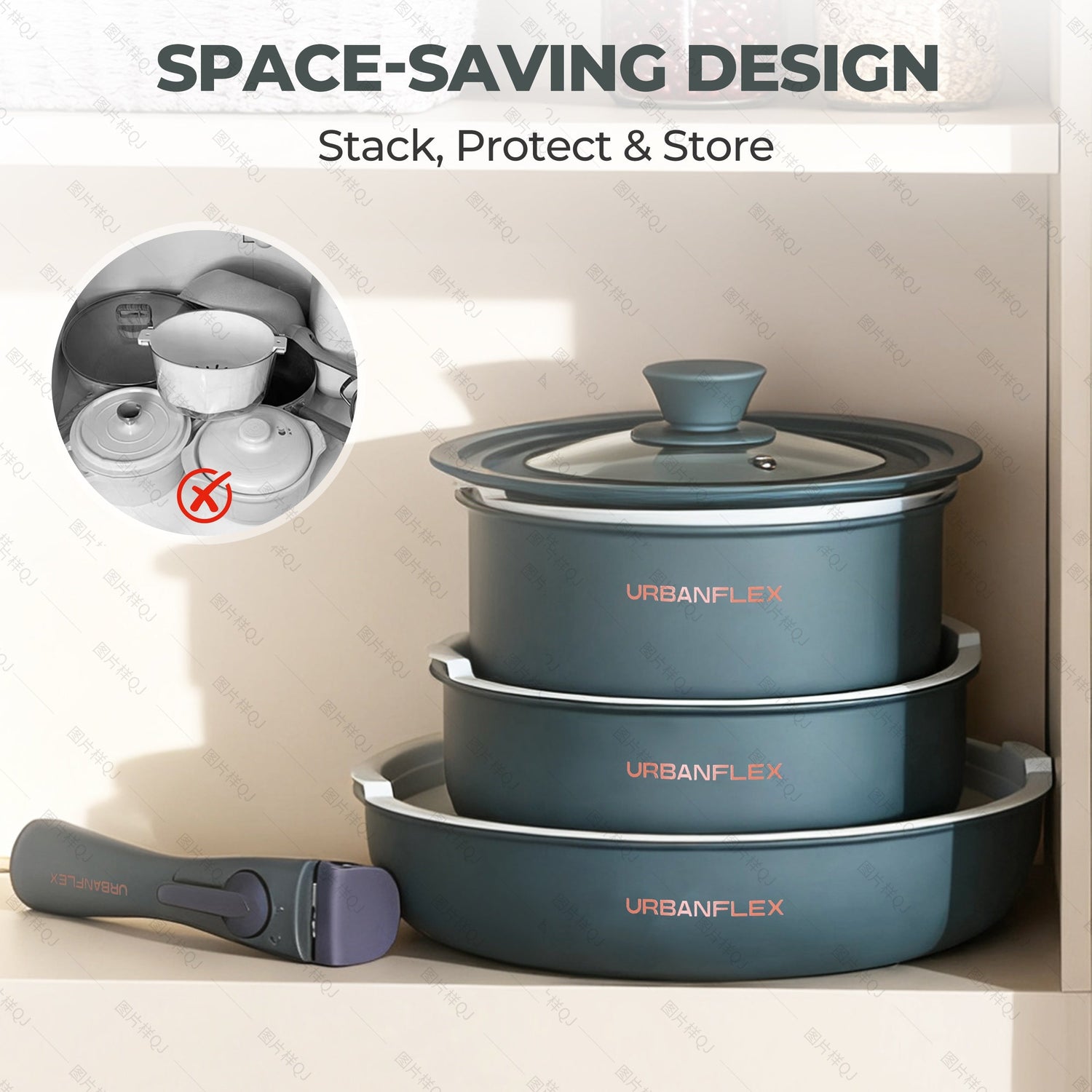 Stackable cookware set with 'Urbanflex' branding on a neutral background