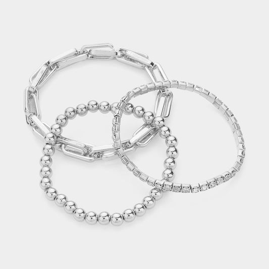 Stretch Bead/Crystal/Chain Bracelet Set - White Gold